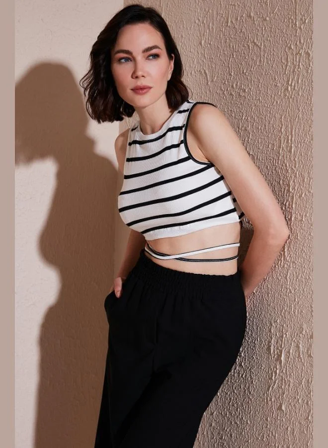 Lela Lela Striped Slim Fit Crop Top with Tie Detail for Women CROP 5865715